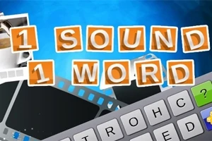 Litere portocalii pe fundal albastru, alături de o tastatură virtuală și role de film