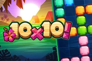 Imaginea prezintă un peisaj tropical la apus cu textul 10x10!