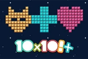O mască pixelată galbenă, un semn plus albastru și o inimă roz pixelată deasupra textului colorat 10x10+