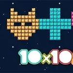 O mască pixelată galbenă, un semn plus albastru și o inimă roz pixelată deasupra textului colorat 10x10+
