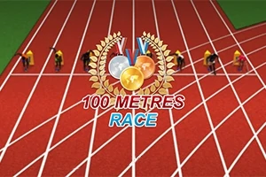 Atleți pe o pistă de atletism pregătiți să înceapă o cursă de 100 de metri, cu medalii și text „100 Metres Race” deasupra