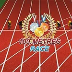 Atleți pe o pistă de atletism pregătiți să înceapă o cursă de 100 de metri, cu medalii și text „100 Metres Race” deasupra