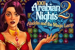 O femeie cu păr violet, purtând o rochie roșie cu bijuterii, apare în fața unui fundal colorat cu titlul 1001 Arabian Nights 2: Aladdin and the Magic Lamp