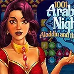 O femeie cu păr violet, purtând o rochie roșie cu bijuterii, apare în fața unui fundal colorat cu titlul 1001 Arabian Nights 2: Aladdin and the Magic Lamp