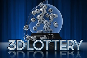 Bile albe numerotate într-o sferă transparentă, cu textul 3D LOTTERY în partea de jos pe un fundal albastru închis