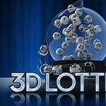 Bile albe numerotate într-o sferă transparentă, cu textul 3D LOTTERY în partea de jos pe un fundal albastru închis