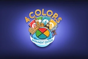 Logo colorat pe un fundal albastru cu numele 4 Colors Monument Edition și imagini stilizate ale unor monumente și cărți de joc