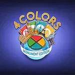 Logo colorat pe un fundal albastru cu numele 4 Colors Monument Edition și imagini stilizate ale unor monumente și cărți de joc