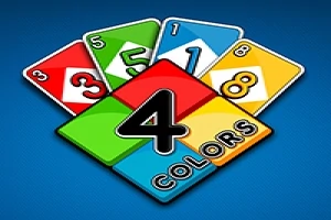 Cărți de joc colorate în roșu, verde, albastru și galben, cu un diamant central inscripționat cu „4 Colors” pe un fundal albastru