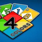 Cărți de joc colorate în roșu, verde, albastru și galben, cu un diamant central inscripționat cu „4 Colors” pe un fundal albastru