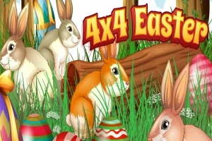 Iepurași colorați și ouă de Paște într-un peisaj de primăvară cu iarbă și un buștean, însoțiți de textul 4x4 Easter