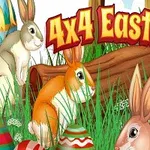 Iepurași colorați și ouă de Paște într-un peisaj de primăvară cu iarbă și un buștean, însoțiți de textul 4x4 Easter