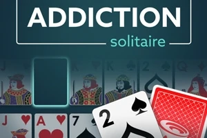 Design grafic cu cărți de joc și textul „ADDICTION solitaire” pe fundal