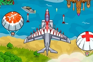 Un avion cu aspect futurist zboară deasupra unui peisaj cu apă și plajă, înconjurat de rachete și parașute cu simbolul Crucii Roșii