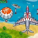 Un avion cu aspect futurist zboară deasupra unui peisaj cu apă și plajă, înconjurat de rachete și parașute cu simbolul Crucii Roșii