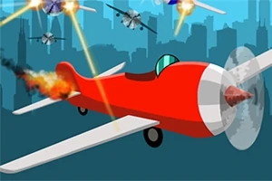 Un avion roșu animat zboară într-un cer cu siluete de oraș pe fundal, fiind atacat de avioane inamice și proiectile