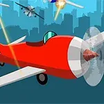 Un avion roșu animat zboară într-un cer cu siluete de oraș pe fundal, fiind atacat de avioane inamice și proiectile