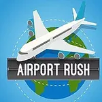 Un avion zburând deasupra unui glob pământesc, cu textul Airport Rush pe un fundal albastru