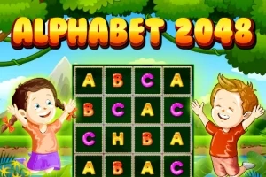 Doi copii zâmbitori lângă un tablou de joc cu litere colorate pe un fundal de natură