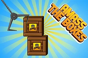 Două cutii maro cu simboluri de craniu și os pe fundal albastru, cu o gheară metalică și textul „AMASS THE BOXES”