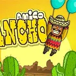 Un bărbat cu sombrero zboară cu ajutorul a două baloane albastre deasupra unui peisaj cu cactuși și apus de soare, având un titlu mare „Amigo Pancho” scris deasupra