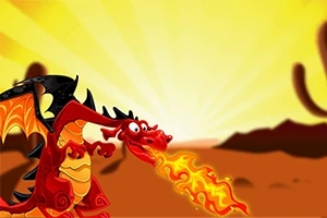 Dragon roșu scotând foc pe un fundal deșertic luminat de un cer galben strălucitor