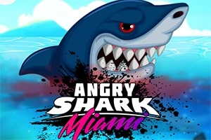 Un rechin furios cu dinți ascuțiți iese din apă alături de textul Angry Shark Miami