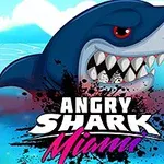 Un rechin furios cu dinți ascuțiți iese din apă alături de textul Angry Shark Miami