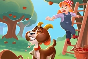 O femeie pe o scară lângă un copac plin de mere, în timp ce o capră mănâncă mere căzute