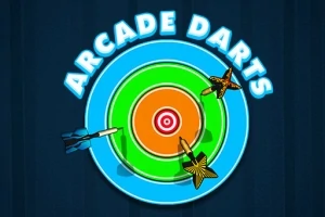 Trei săgeți colorate sunt aruncate spre o țintă circulară multicoloră, cu textul Arcade Darts deasupra
