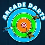 Trei săgeți colorate sunt aruncate spre o țintă circulară multicoloră, cu textul Arcade Darts deasupra