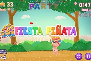 Un personaj animat lovește o piñata colorată într-o grădină cu litere colorate și decor festiv