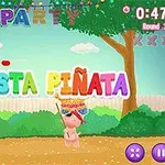 Un personaj animat lovește o piñata colorată într-o grădină cu litere colorate și decor festiv