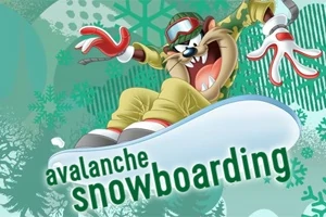 Personaj de desene animate făcând snowboarding pe un snowboard alb, cu fundal verde decorativ