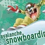 Personaj de desene animate făcând snowboarding pe un snowboard alb, cu fundal verde decorativ
