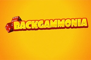 Textul „BACKGAMMONIA” pe un fundal galben, cu două zaruri roșii în colț