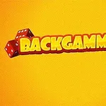 Textul „BACKGAMMONIA” pe un fundal galben, cu două zaruri roșii în colț