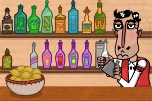 Un barman animat pregătind o băutură într-un bar cu rafturi pline de sticle colorate