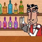 Un barman animat pregătind o băutură într-un bar cu rafturi pline de sticle colorate