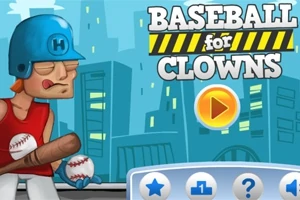 Un personaj desenat cu cască albastră și băt de baseball ținând două mingi de baseball pe un fundal urban cu clădiri și buton de play galben