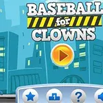 Un personaj desenat cu cască albastră și băt de baseball ținând două mingi de baseball pe un fundal urban cu clădiri și buton de play galben