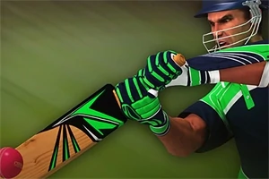 Un jucător de cricket, purtând echipament verde și albastru, lovește o minge cu o bâtă de cricket decorată cu un design negru și verde