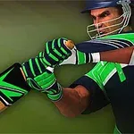Un jucător de cricket, purtând echipament verde și albastru, lovește o minge cu o bâtă de cricket decorată cu un design negru și verde