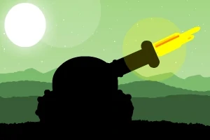 Siluetă a unui tun cu un fundal de peisaj montan verde și cer cu soare strălucitor