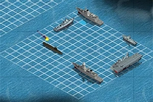 Reprezentare grafică a unei grile de apă cu mai multe nave și un submarin amplasate pe o tablă de joc