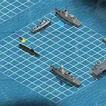 Reprezentare grafică a unei grile de apă cu mai multe nave și un submarin amplasate pe o tablă de joc