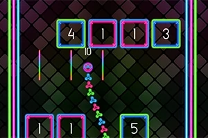Joc pixelat neon cu pătrate numerotate și o bilă cu față zâmbitoare care trece prin ele