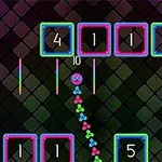Joc pixelat neon cu pătrate numerotate și o bilă cu față zâmbitoare care trece prin ele