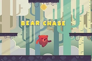 Un ursuleț roșu sare printre platforme într-o pădure stilizată, cu un fagure de miere deasupra sa și textul Bear Chase