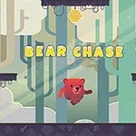Un ursuleț roșu sare printre platforme într-o pădure stilizată, cu un fagure de miere deasupra sa și textul Bear Chase